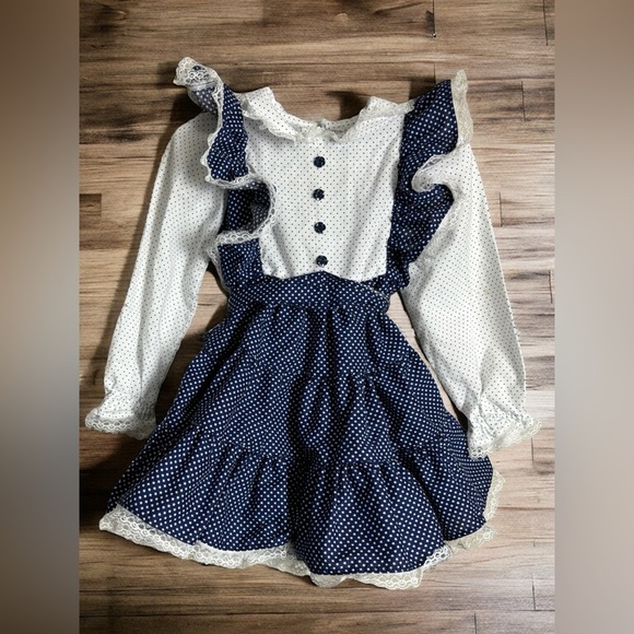 Vintage Handmade Baby Girls 12 Month* Blue Ruffled A-Line Polka Dot Dresses Lot - Picture 2 of 9